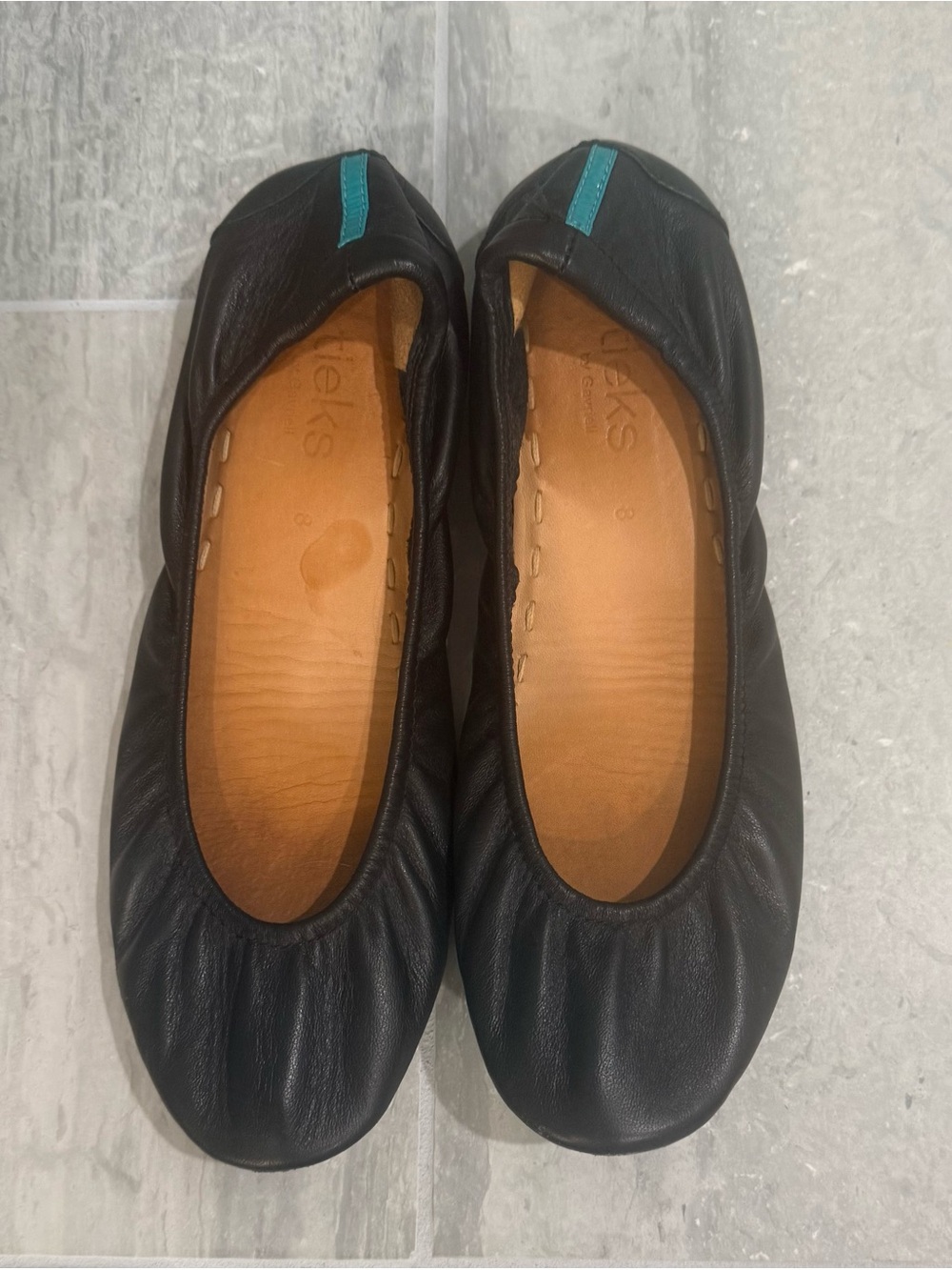 Tieks Black Leather Flats with Teal Accent